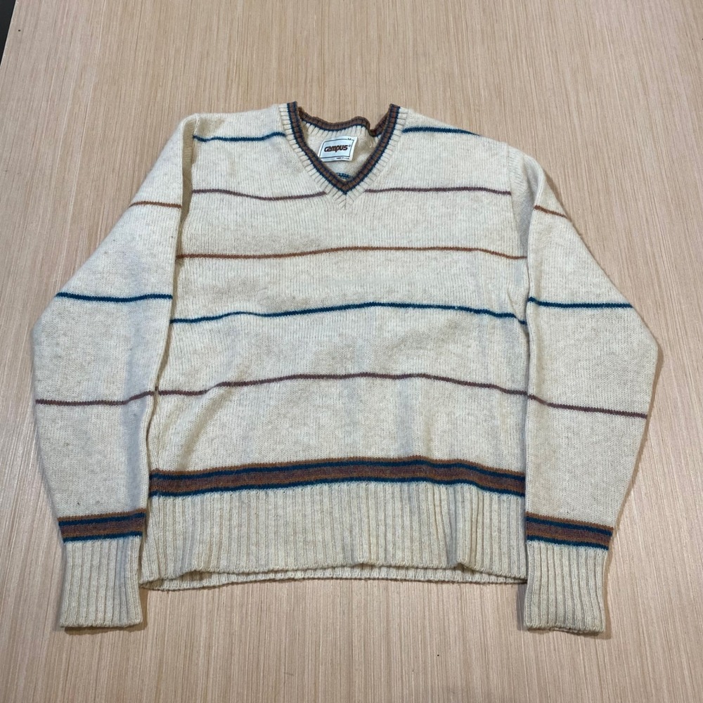 Vintage Campus Striped V-Neck Sweater Mens Medium Cream Brown Blue Made in USA